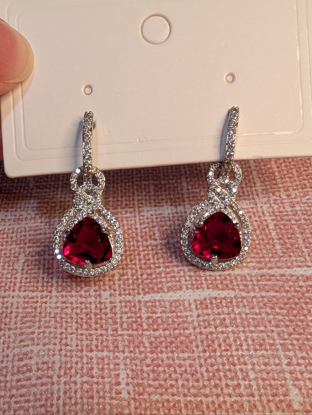 Silver Red Infinity Triangle Crystal Drop Earrings